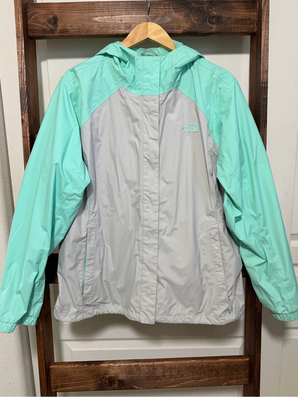 The North Face Mint Green and Light Gray Hooded Rain Jacket